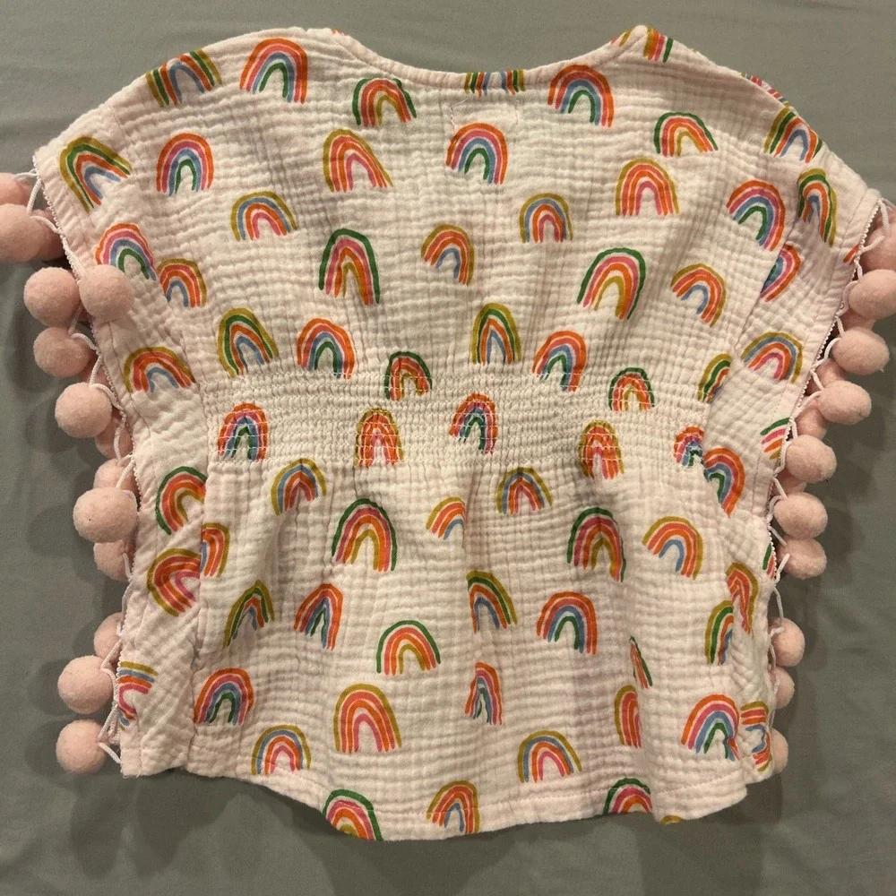 Mud Pie Baby Girls Dress 12–18M‎ Pink Rainbows Muslin Cotton Pom Trim Summer
